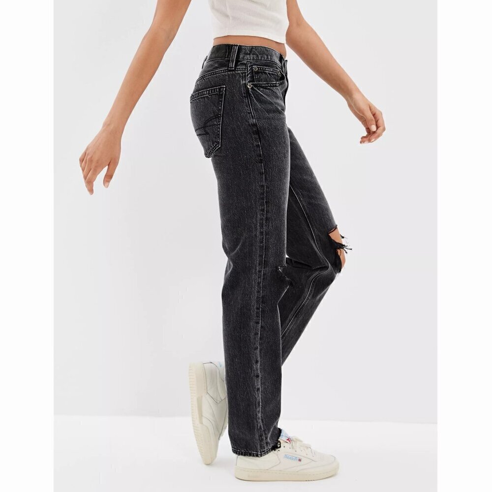 American Eagle - Distressed 90s Low Rise Straight Jeans, Black Marl Denim
